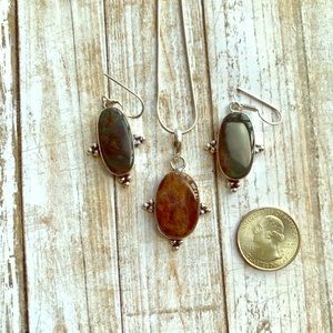 Bloodstone Necklace Earrings Set in 925 Silver